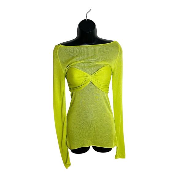 Meladyn OTS Ruched Sheer Y2K Long Sleeve Top Size Large Neon Green - Picture 2 of 9